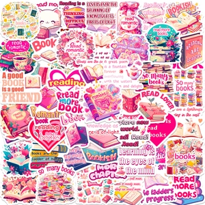 Close-up of pink reading theme stickers with inspirational quotes and cartoon books