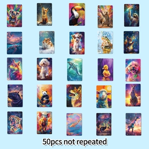 Flat lay of 50 non-repeating vibrant aurora animal art stickers with cosmic oil painting style