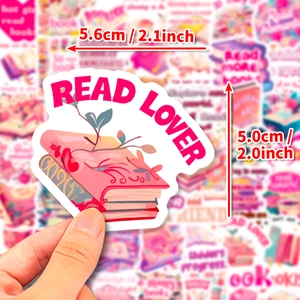 Pink reading lover book sticker with plant decoration for laptop decor, 5.6x5.0cm size