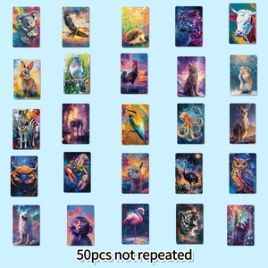 Detail view of 25 colorful animal stickers with artistic galaxy patterns in 5x5 layout