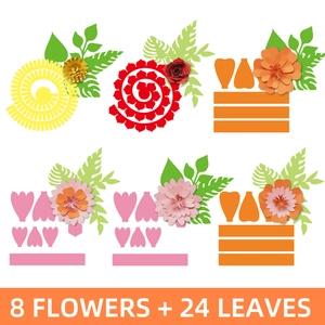 DIY handmade paper flower kit featuring 8 colorful blooms and 24 green leaves for decor