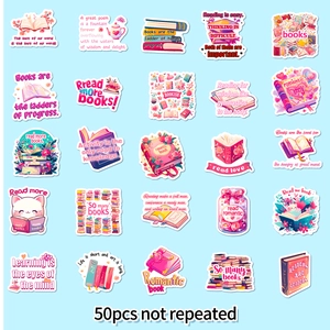 Detail showing 50pcs pink reading-themed decorative stickers for laptop and notebook