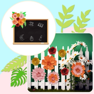 Detail of colorful DIY 3D paper flowers and green leaves set for party background decoration