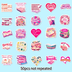 Selection of 50 unique pink romantic bookish stickers with floral and heart motifs