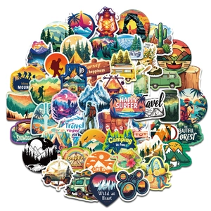 50pcs waterproof outdoor adventure stickers featuring camping, mountains, and hiking gear
