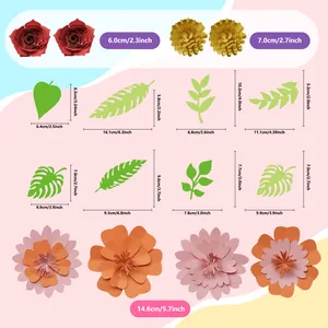 Size chart for handmade 3D paper flowers and various leaf styles for DIY decorations
