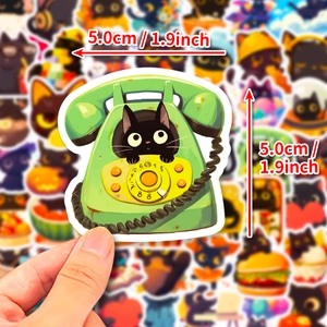 Autocollant chat noir mignon avec téléphone vintage pour ordinateurs et carnets