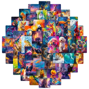 Set of 50 aurora-colored animal stickers with vibrant cosmic pop art designs