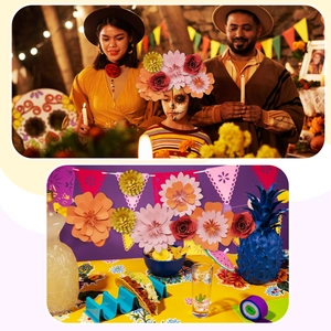 Close-up of handmade multi-color paper flowers used for festive home party wall decor