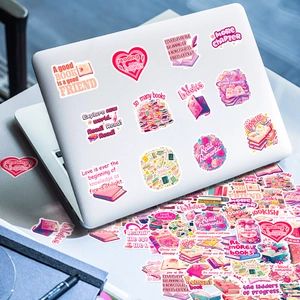 Pink bookish aesthetic stickers shown on a laptop with creative reading patterns