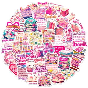 Pack of 50 pink bookish reading stickers for laptop decor featuring cute cat and floral art