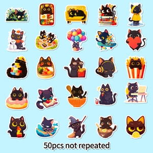 Lot de 50 autocollants de chats noirs uniques avec divers décors de vie mignons