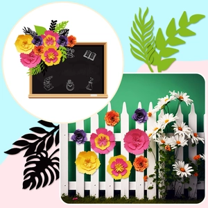 Nahaufnahme von bunten 3D-Papierblumen mit Deko-Blättern für DIY-Party-Wanddekoration