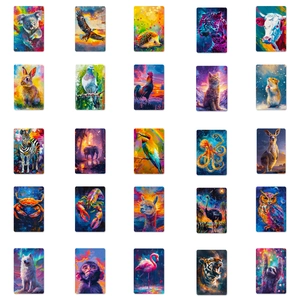 Set of 50 holographic aurora animal stickers with colorful galaxy art and oil painting style
