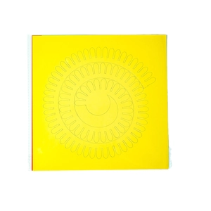Bright yellow square DIY paper flower craft template with spiral gear pattern for home decor
