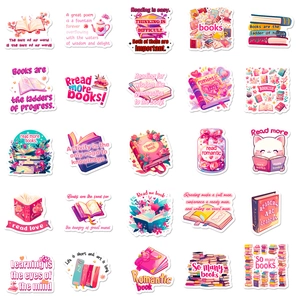 Set of 50 pink reading themed stickers for laptops and journals with floral book designs