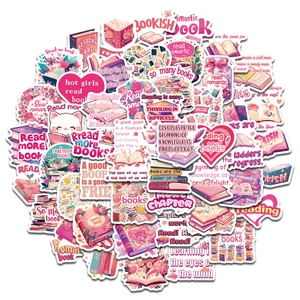 Set of 50 pink and purple bookish stickers featuring cats, hearts and reading quotes