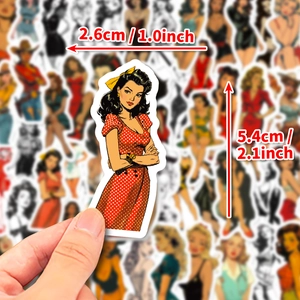50pcs vintage aesthetic pin-up girl stickers in red polka dot dress with size guide