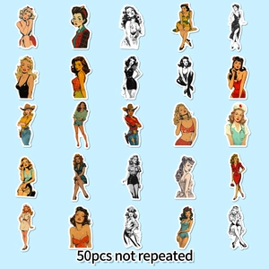 Detailed grid showing 50 pieces of vintage American pin-up style aesthetic lady stickers
