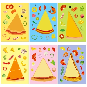 Set of 6 cartoon pizza puzzle stickers with colorful backgrounds and assorted toppings