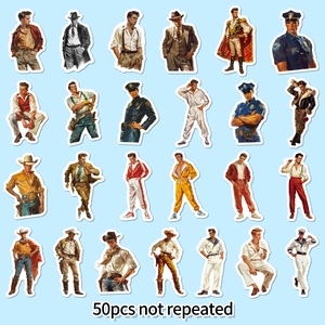 Detailansicht von 50 einzigartigen Vintage-Aufklebern mit amerikanischen Männermoden