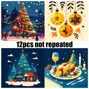 Set of 12 unique Christmas scrapbook papers with festive trees and holiday meal designs
