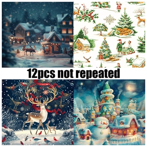 Set of 12 unique Christmas and winter themed scrapbooking papers with festive illustrations
