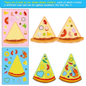 Close-up of 6 cute cartoon pizza stickers with various toppings for kids' DIY crafts