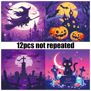 Set de 12 pegatinas de Halloween con brujas, gatos morados y castillos encantados