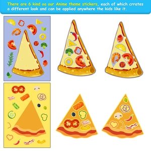 Detail of 6 cartoon DIY pizza stickers showing assorted toppings and finished toy results