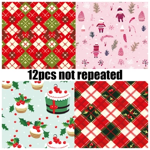 Set of 12 patterns of Christmas scrapbook paper with festive plaid and cartoon designs