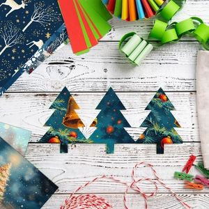 Christmas scrapbooking kit with 12 vintage paper sheets, cotton twine and wooden clips