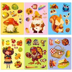 Thanksgiving DIY Puzzle Stickers Make A Face Stickers For Kids Autumn Harvest Turkey Squirrel Gnome Owl Pumpkin Stickers For Home Party Decoration