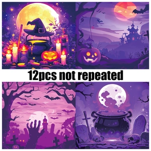 Set de 12 tarjetas decorativas de Halloween con caldero de bruja y castillo de fantasmas