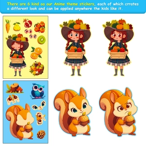 Detail of 6-pack DIY Thanksgiving stickers featuring turkey and squirrel faces