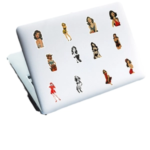 50-pack vintage American Pin-up girl stickers on silver laptop cover with retro aesthetic