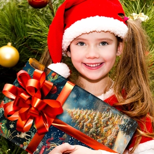 Girl holding a navy blue Christmas gift box with red ribbon bow near holiday tree