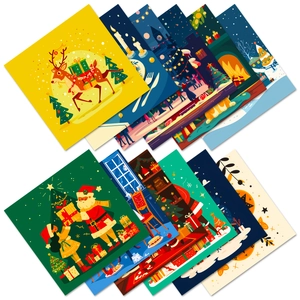 Close-up of 10 unique Christmas theme illustration cards with festive holiday patterns