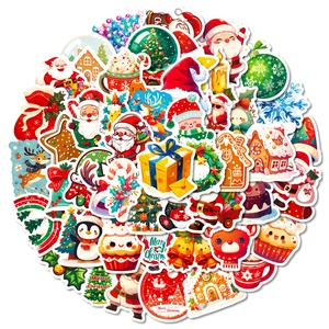 50pcs festive Christmas stickers featuring Santa, reindeer, and snowflakes for decoration