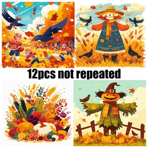 12-piece Thanksgiving sticker set with autumn harvest, scarecrow and pumpkin themes