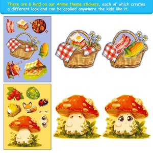 Close-up of 6-pack Thanksgiving stickers featuring picnic food and forest animal themes