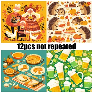 Set of 12 distinct hand-drawn autumn harvest stickers featuring turkeys and pumpkins
