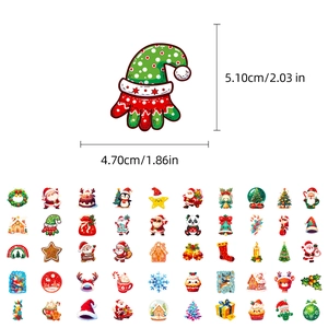 Detailed view of Christmas stickers showing dimensions and various festive holiday designs