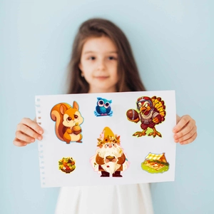 Detail of Thanksgiving stickers showing turkey, squirrel and autumn harvest motifs