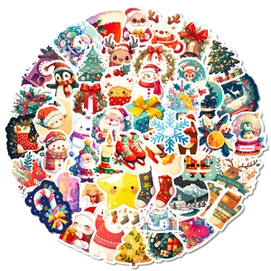 50 bunte Cartoon-Weihnachtsaufkleber mit Weihnachtsmann, Rentieren und Schneemännern