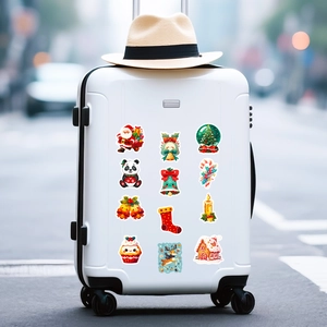 Christmas stickers collection featuring Santa and Reindeer on a white suitcase decoration