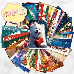 50er Set Weihnachtskarten mit Samojeden Hund und festlichen Wintermotiven für Dekoration