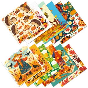 12 sheets of Thanksgiving harvest patterned paper with scarecrow and autumn elements