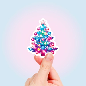 Close-up of a colorful Christmas tree sticker with vibrant gradients and white border