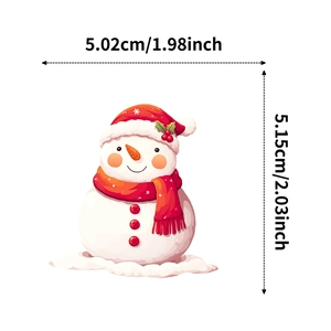 Detailansicht eines süßen Schneemann-Weihnachtsaufklebers mit Maßen 5,02 cm x 5,15 cm